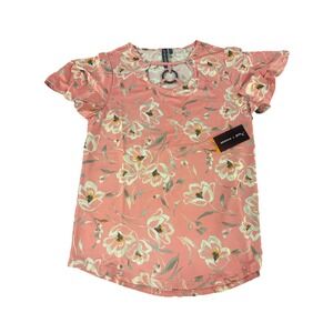 NWT Floral Blouse Top Ring Keyhole Neck Flutter Sleeve Pink Size S Zoe + Phoebe